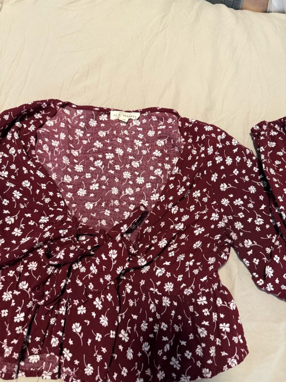 La Hearts Burgundy Floral Tie-Front Blouse